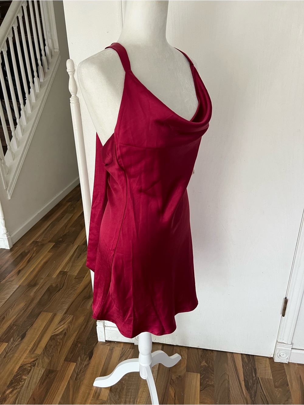 New Burgundy / Red Satin, Draped Halter Neck, Long Ties, Backless Slip Dress, XS
